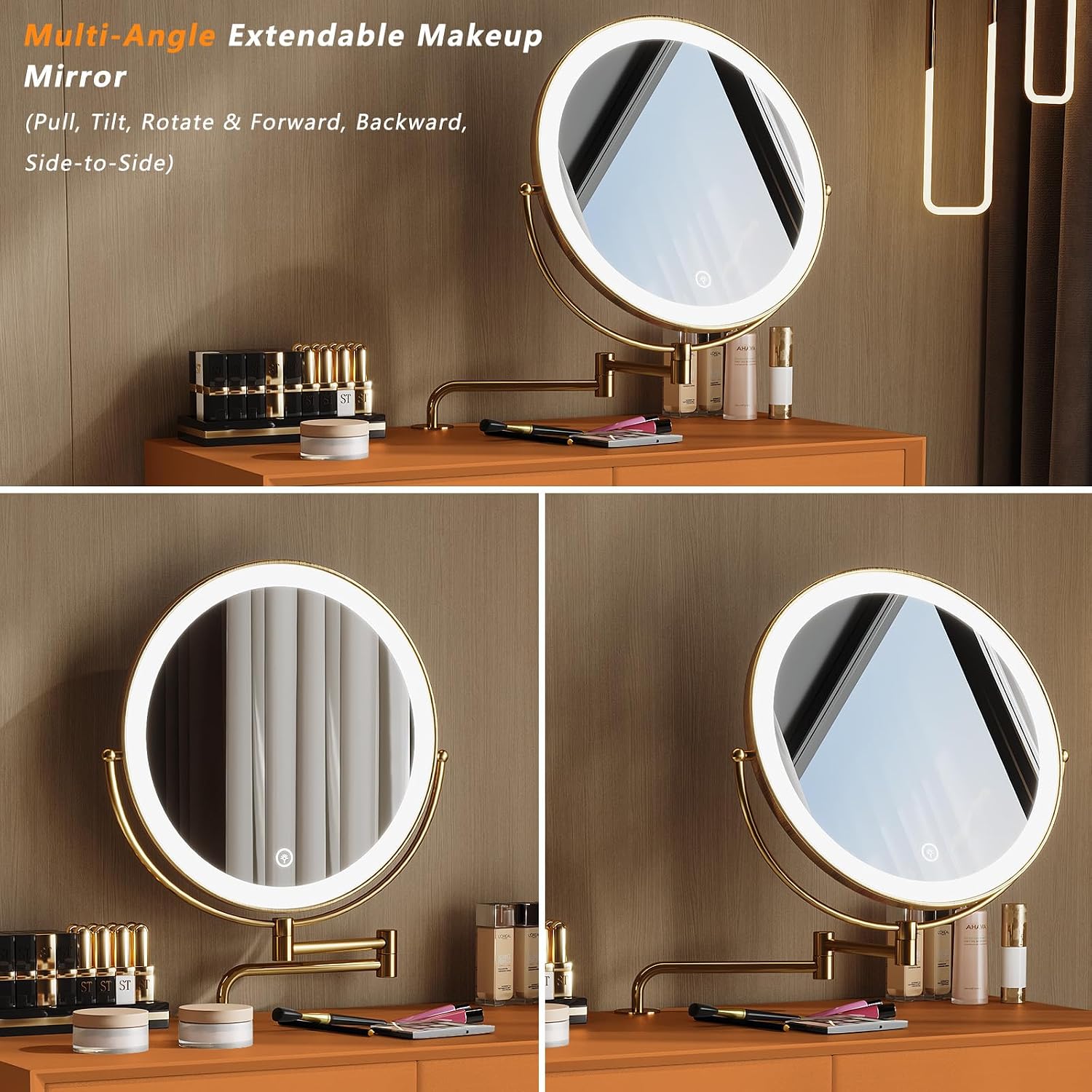 Vanity Desk with Adjustable Mirror and Lights, Makeup Desk with Drawers and Chair, Dressing Table Set with Leather Surface, Small Vanity Table for Bedroom, 3 Lighting Modes (Orange)