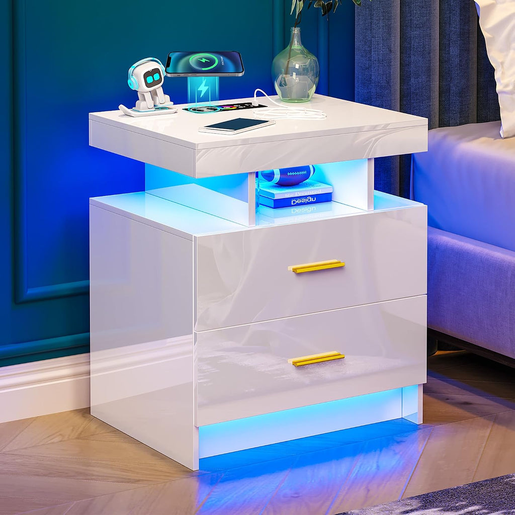 WOOVIVS Night Stand with Light, High Gloss Nightstand with USB/Wireless Charging Station, LED White Nightstands with Storage Drawers, RGB Side End Table for Bedroom Furniture（White