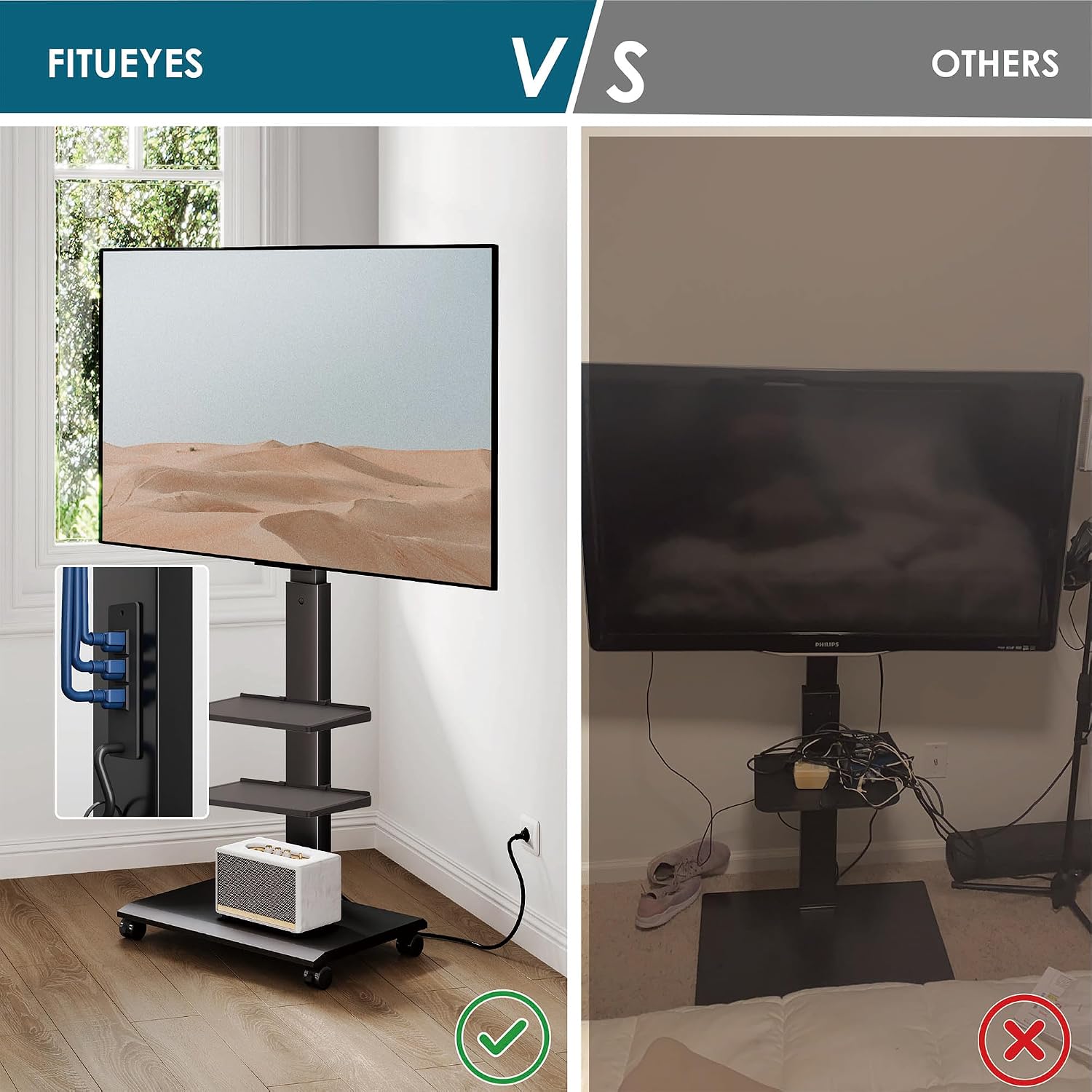 FITUEYES Rolling TV Stand for 32-75 Inch TVs, Portable Mobile TV Stand on Wheels with Power Outlet, Height Adjustable Rotating Floor TV Stands with Swivel Mount and Metal Base Hold Up to 88 Lbs, Black