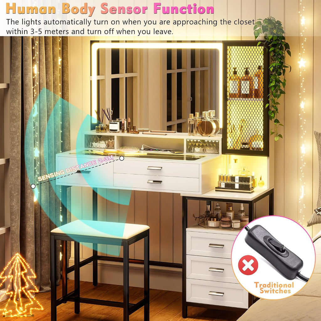 Lvifur RGB Vanity Desk - with Mirror and Lights,7 Dynamic & 24 Static Dimmable Vanity Table Set with Charging Station,Human Sensor LED Vanities w/Glass Top,6 Drawers,Stool,White