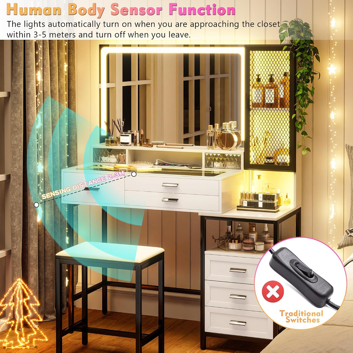 Lvifur RGB Vanity Desk - with Mirror and Lights,7 Dynamic & 24 Static Dimmable Vanity Table Set with Charging Station,Human Sensor LED Vanities w/Glass Top,6 Drawers,Stool,White