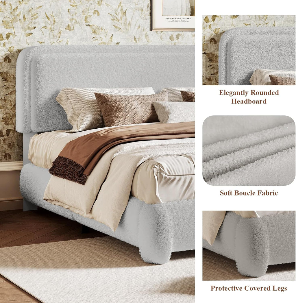 Kelway Upholstered Bed Frame King Size Modern Soft Boucle Bed Frame with Adjustable Heandboard, No Box Spring Needed, Easy Assembly, Light Grey