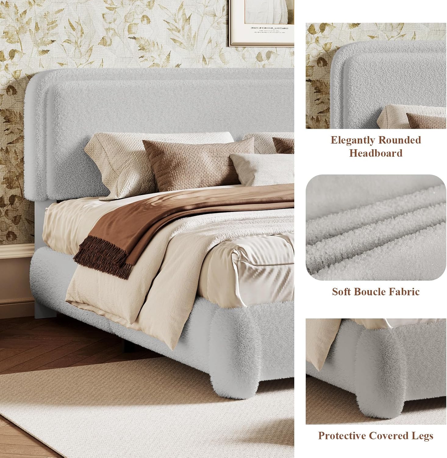 Kelway Upholstered Bed Frame King Size Modern Soft Boucle Bed Frame with Adjustable Heandboard, No Box Spring Needed, Easy Assembly, Light Grey