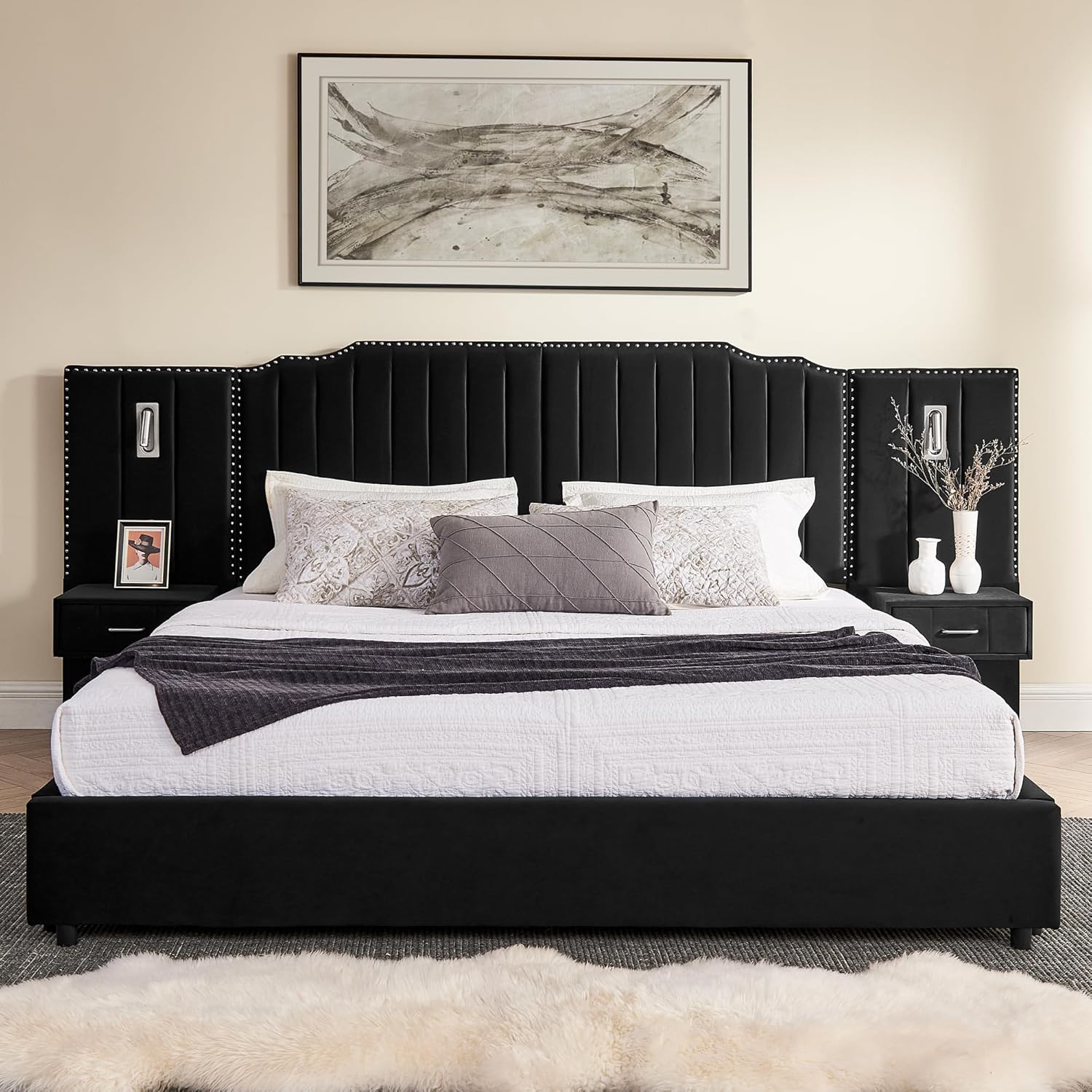 Velvet Upholstered King Size Platform Bed Frame with 48' Tall Headboard, Built-in Nightstands & Storage Drawers, No Box Spring Needed, Modern Black Bedroom Furniture Set (Black, King)