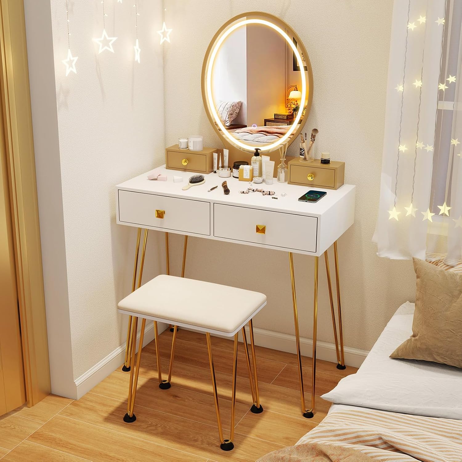 CHARMAID Vanity Desk with Mirror and Lights, White Makeup Vanity Table with 4 Drawers, Charging Station, 3-Color Lighted Mirror, Modern Girls Dressing Table with Stool for Small Bedroom