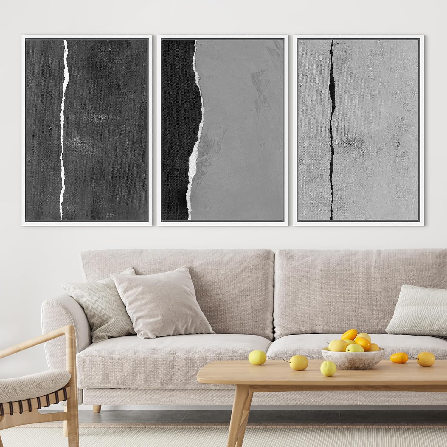 SIGNLEADER Framed Canvas Print Wall Art Set Black and White Torn Minimalist Grunge Illustrations Minimal Decorative Bohemian Nordic for Living Room, Bedroom, Office - 16'x24'x3 WHITE