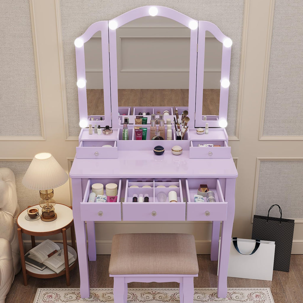 YIXHQ Purple Vanity Makeup Vanity Desk with Lights Vanity for Teen Girls Vanity Set for Teenager Vanity Table with Mirror for Bedroom Vanity Mirror with Lights Girls Desk and Chair