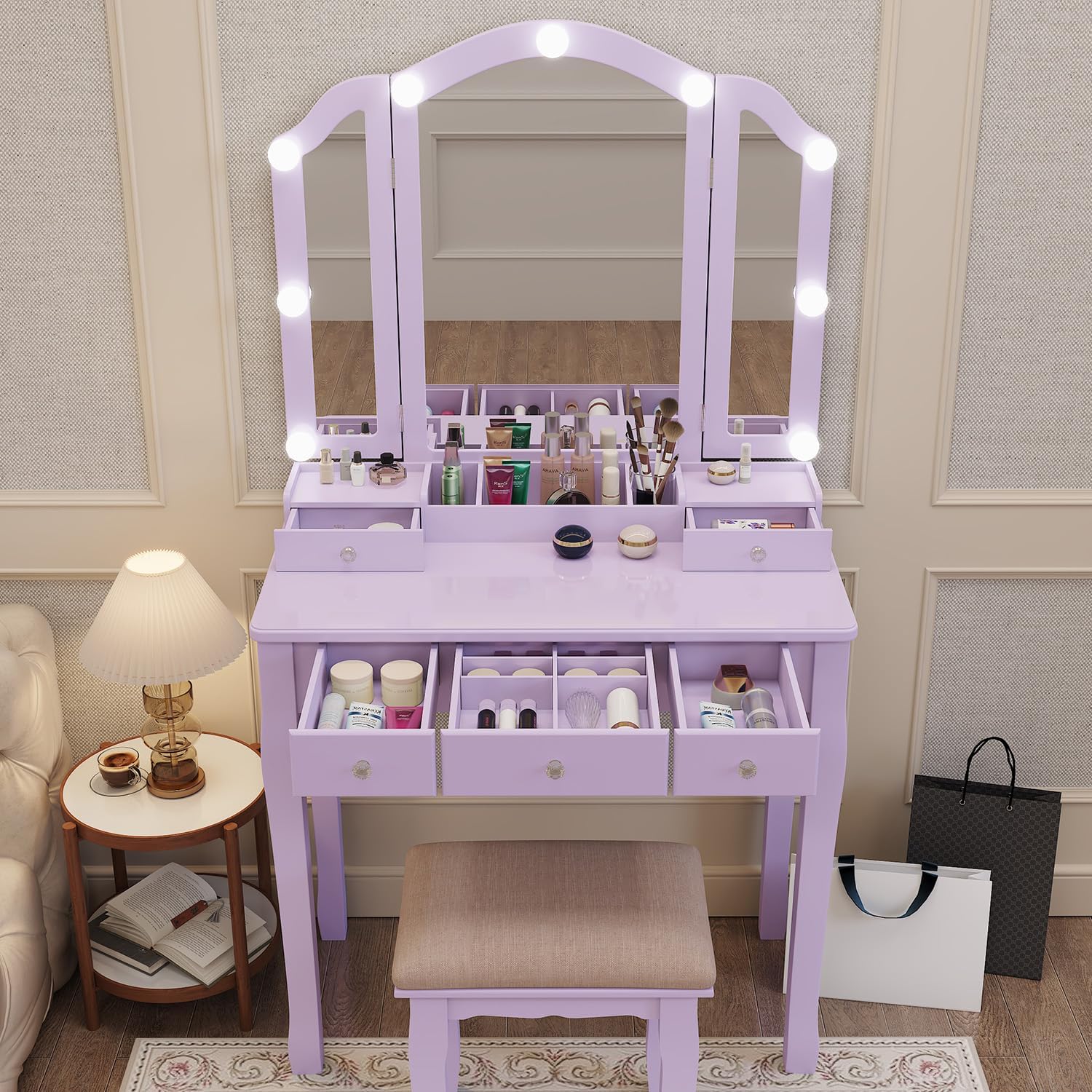 YIXHQ Purple Vanity Makeup Vanity Desk with Lights Vanity for Teen Girls Vanity Set for Teenager Vanity Table with Mirror for Bedroom Vanity Mirror with Lights Girls Desk and Chair