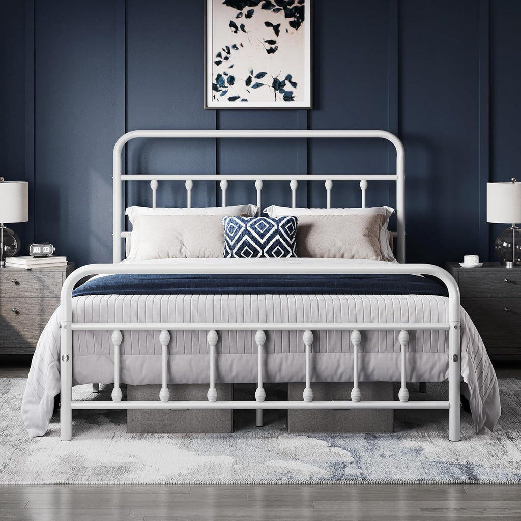 Yaheetech Classic Metal Platform Bed Frame Mattress Foundation with Victorian Style Iron-Art Headboard/Footboard/Under Bed Storage/No Box Spring Needed/Queen Size White