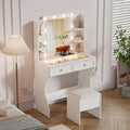 KDCAS Vanity Desk with Mirror and Lights | 31.5' Modern Glass Top Makeup Vanity Set with 2 Drawers & Hidden Storage Stool | Small Space Dressing Table for Bedroom(White)