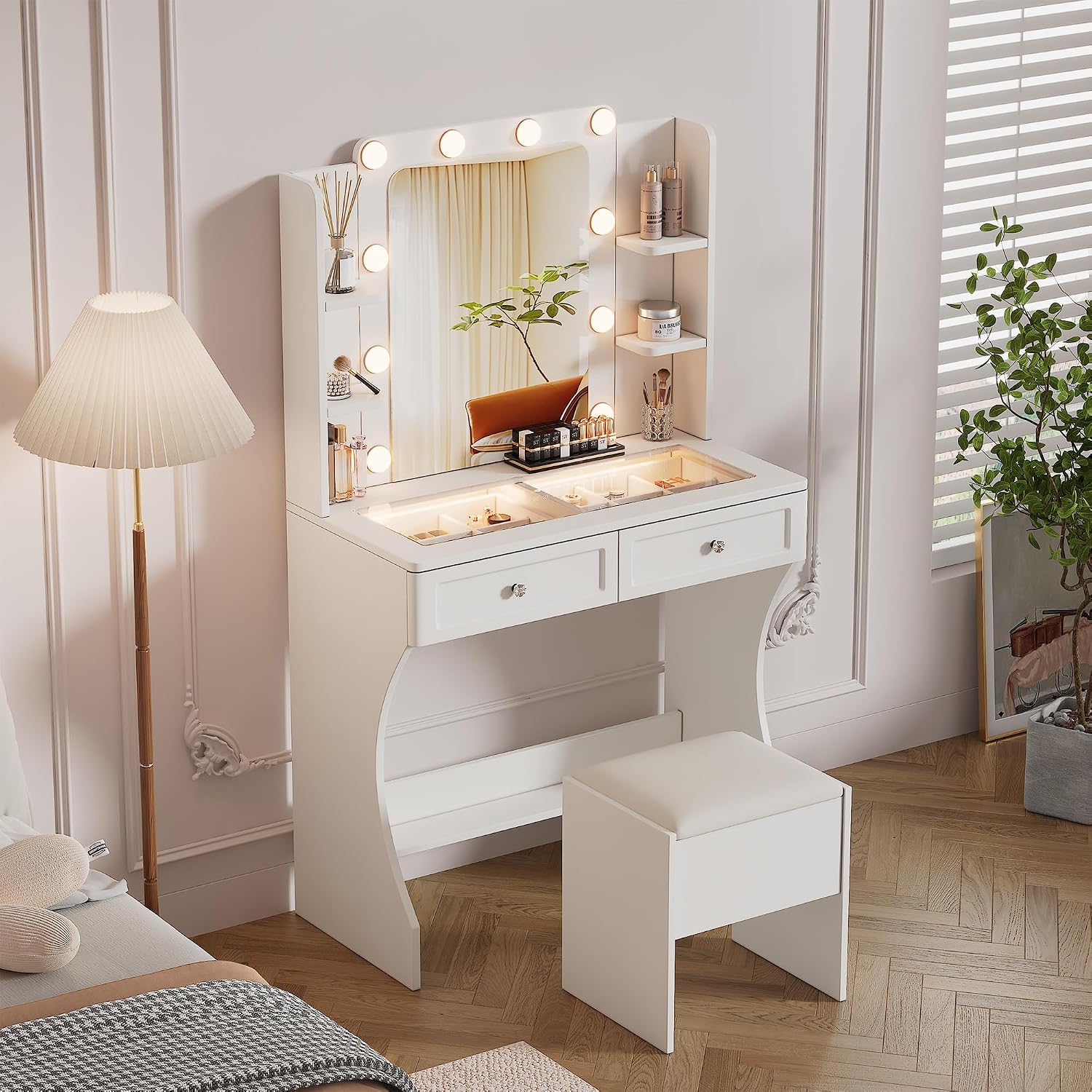 KDCAS Vanity Desk with Mirror and Lights | 31.5' Modern Glass Top Makeup Vanity Set with 2 Drawers & Hidden Storage Stool | Small Space Dressing Table for Bedroom(White)