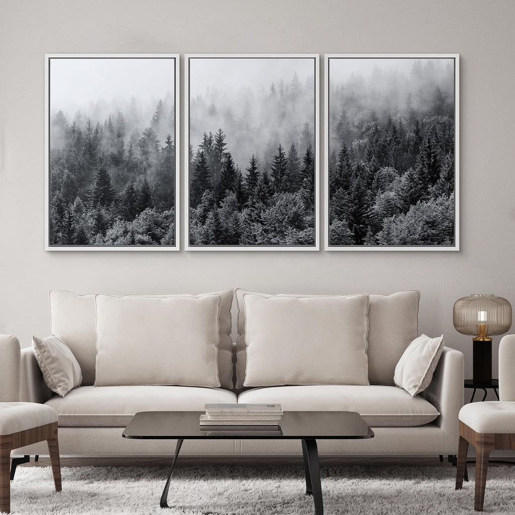 SIGNWIN Framed Canvas Print Wall Art Set Black & White Misty Mountain Forest Nature Wilderness Photography Modern Art Chic Landscape Relax/Calm for Living Room, Bedroom, Office - 16'x24'x3 White