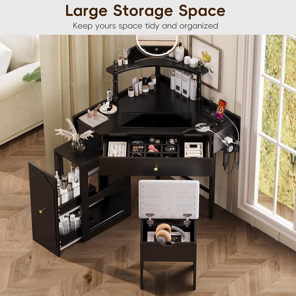 Corner Vanity Desk Set with Storage Cushioned Stool and Charging Station, Triangle Makeup Desk with Removable Pull-Out Side Cabinet, Glass Tabletop, Drawer and Shelf (Black)