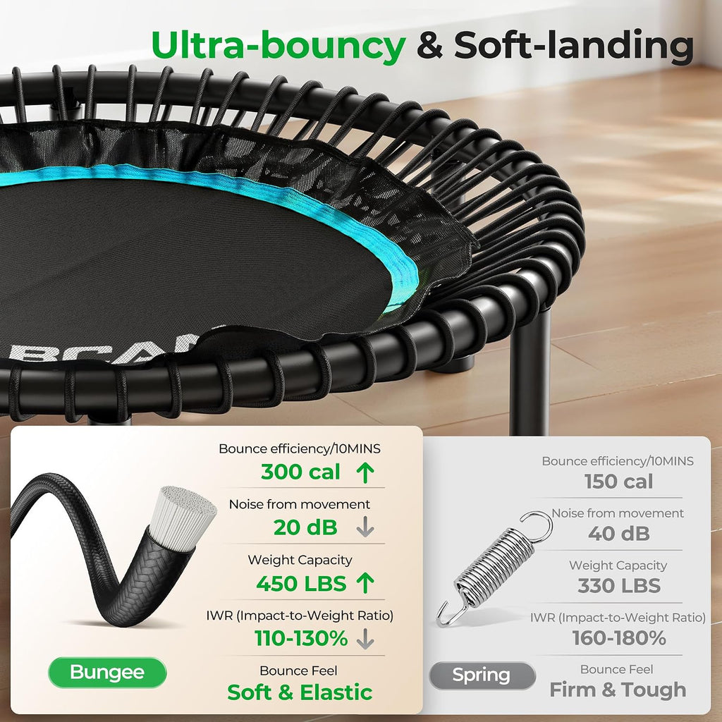 BCAN BT2 450/550LBS Mini Rebounder Trampoline for Adults with Bar, Fitness Trampoline with Bungees, Adjustable Handle, Stable & Quiet, Indoor Outdoor, Whole-Body Workout & Relaxation at Home-40IN/48IN