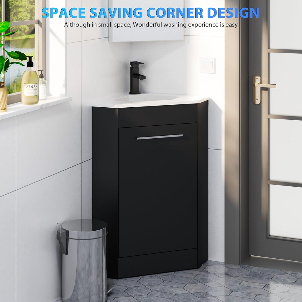 eclife 26' Corner Bathroom Vanity Sink Combo for Small Space Freestanding Storage Cabinet with White Resin Sink and Matte Black Faucet, Black