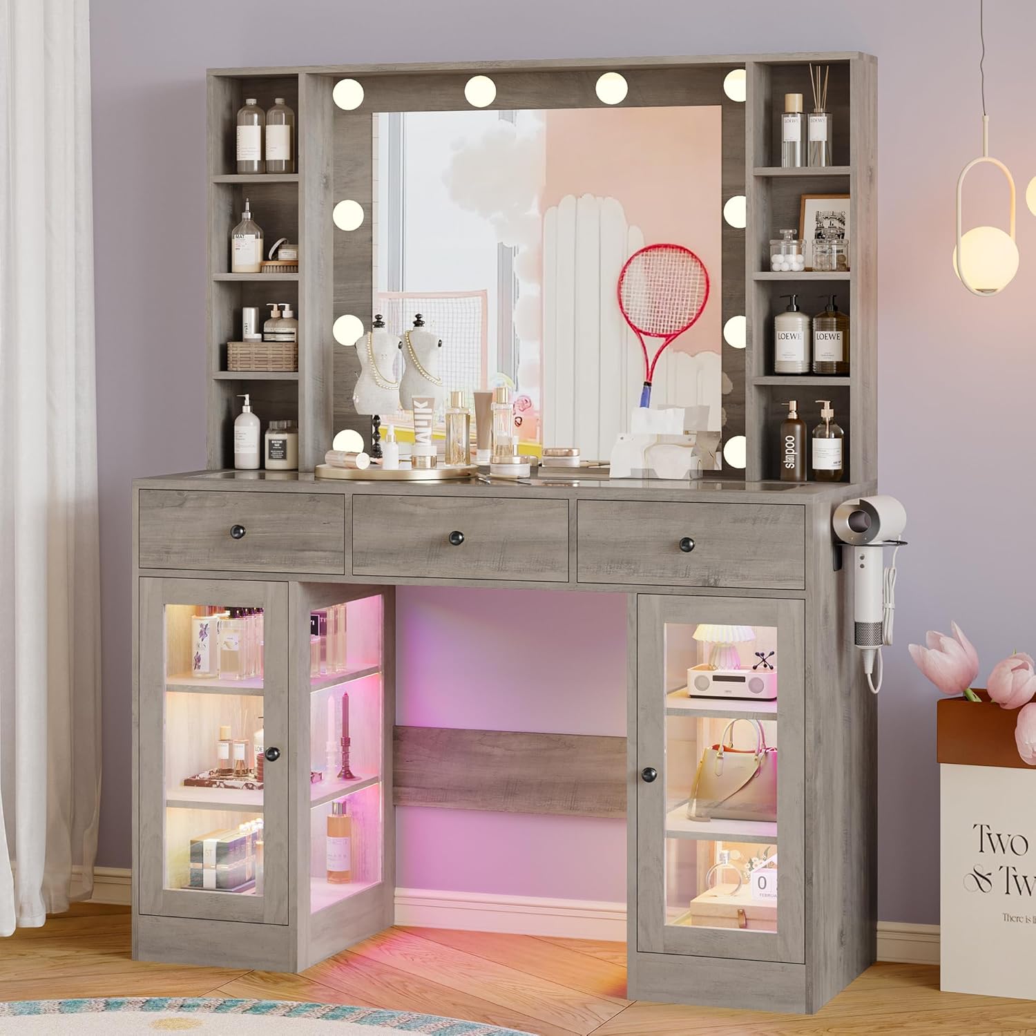 Wodeer Makeup Vanity Desk with Mirror and Lights, Grey Vanity with Glass Top, LED Lights & Power Outlet, 3 Drawers & 2 RGB Glass Cabinets, Adjustable Lighted Dressing Table for Women & Girls Bedroom