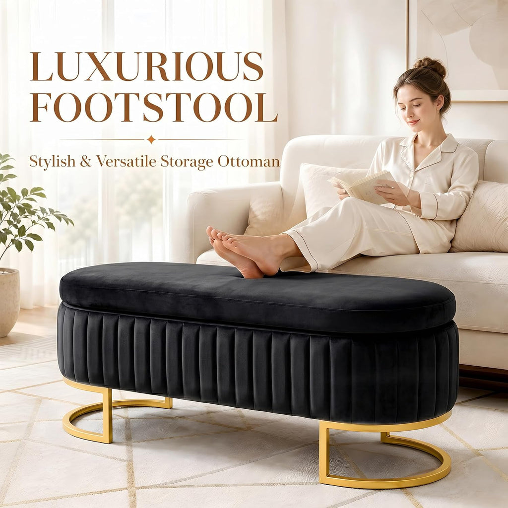 50.5' Modern Velvet Storage Bench, Luxury Channeled Queen Size End of Bed Bench with Hidden Storage and Gold Legs, Modern Glam Ottoman Bench for Bedroom, Living Room, Entryway, Black