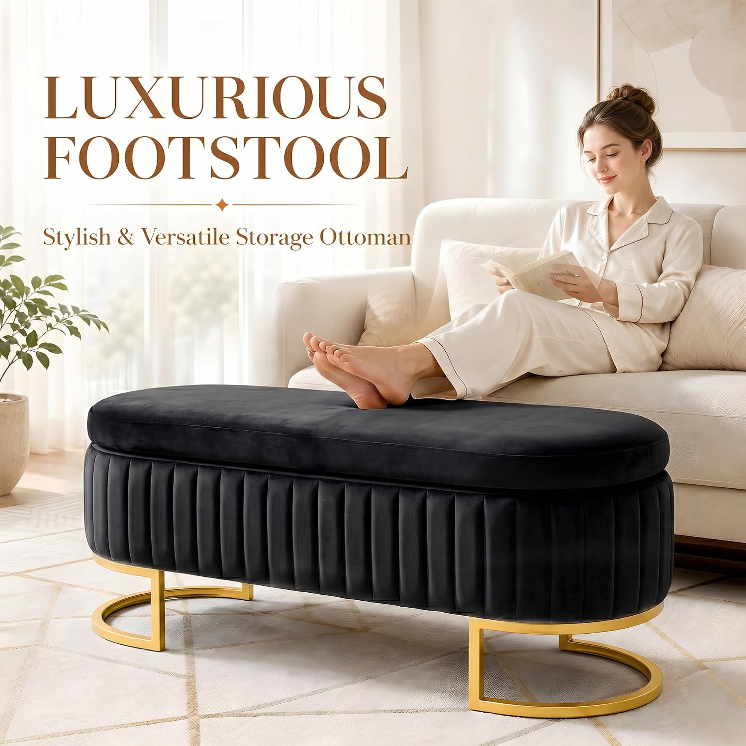 50.5' Modern Velvet Storage Bench, Luxury Channeled Queen Size End of Bed Bench with Hidden Storage and Gold Legs, Modern Glam Ottoman Bench for Bedroom, Living Room, Entryway, Black
