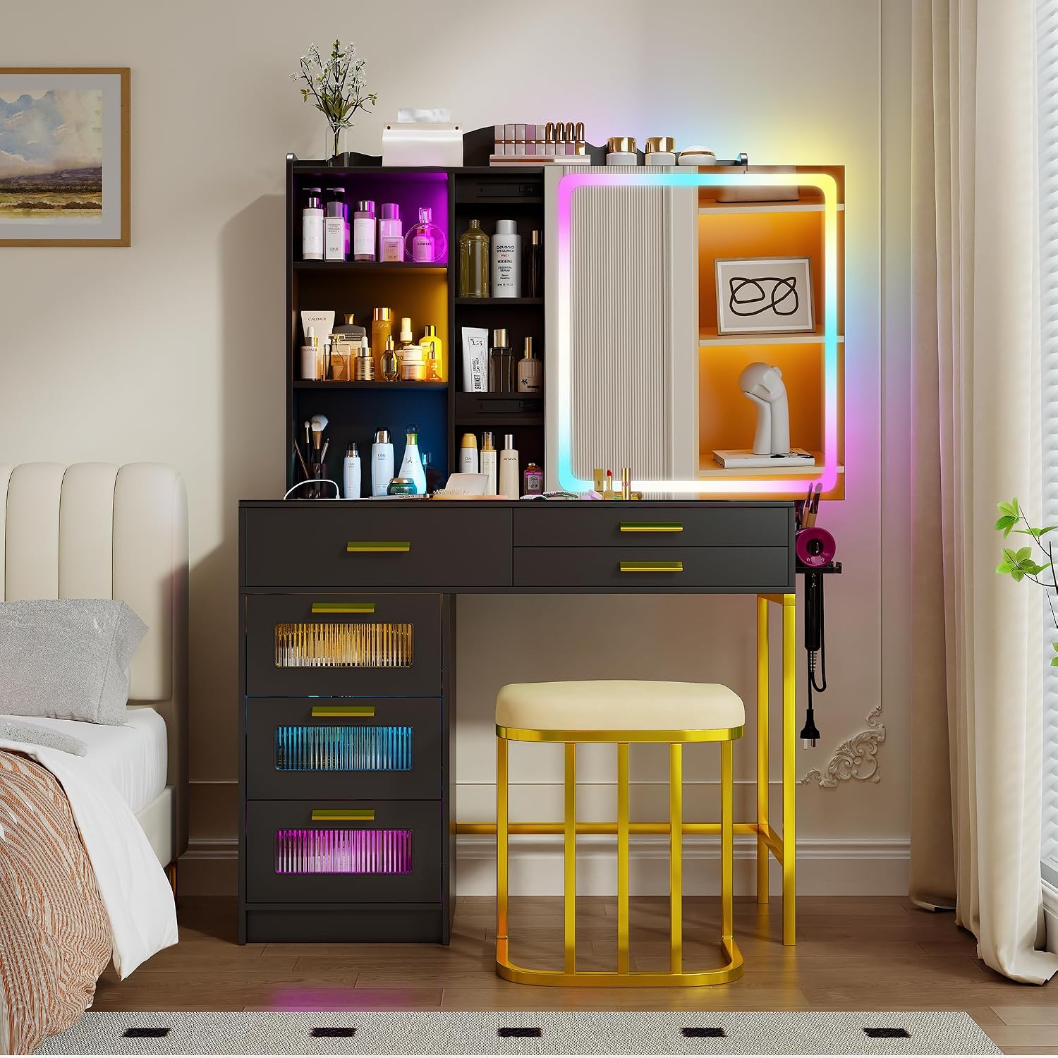 RGB Vanity Desk with Sliding Mirror and Lights,Makeup Vanity with Charging Station,LED Vanity Table with Glass Top,Girls Vanities Dressing Table Set with Stool&6 Drawers for Bedroom(Black
