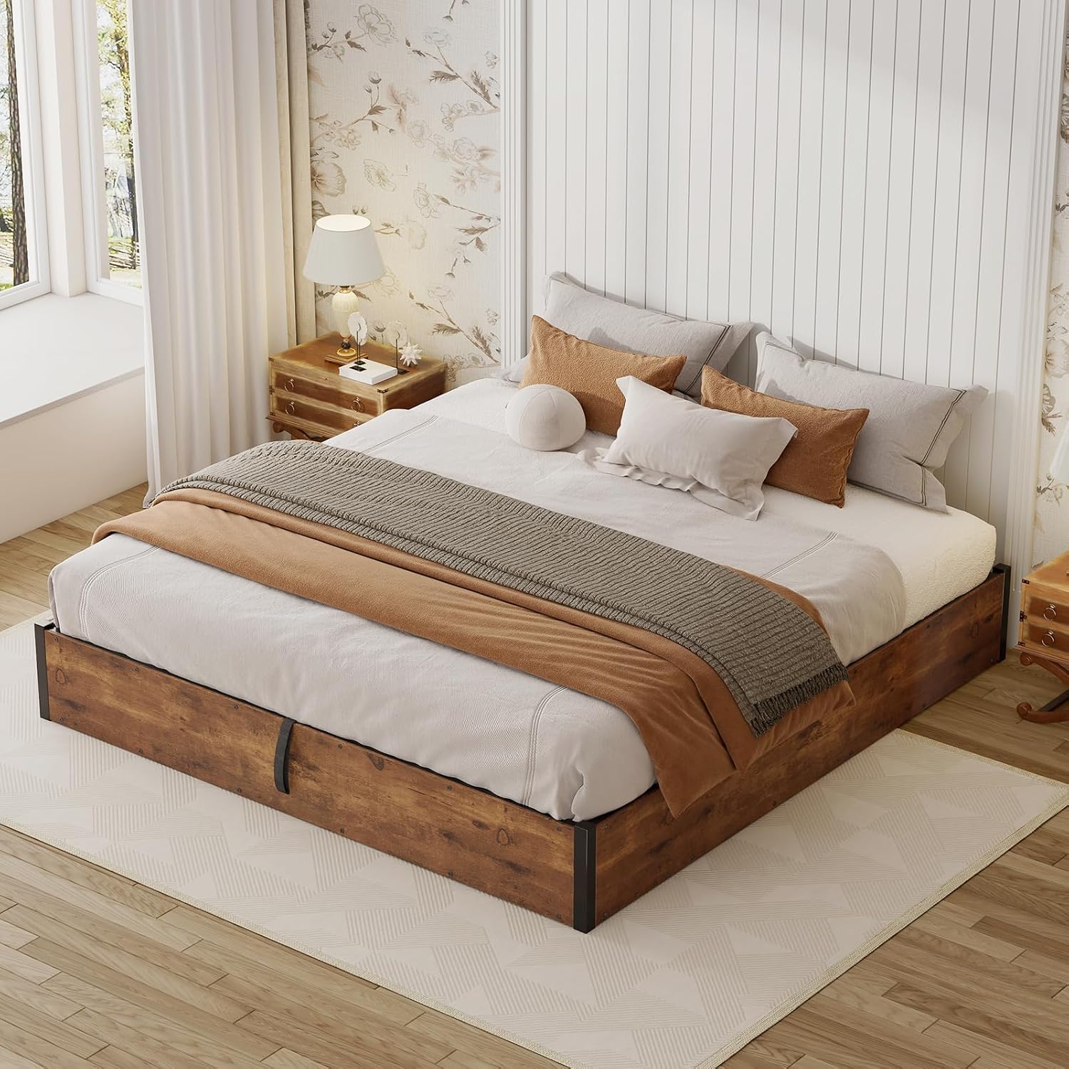 LUXOAK Lift Up Storage Bed Frame, King Size Wooden Slats Platform Bed Frame with Ample Storage Underneath, No Box Spring Needed, Noise Free, Rustic Brown