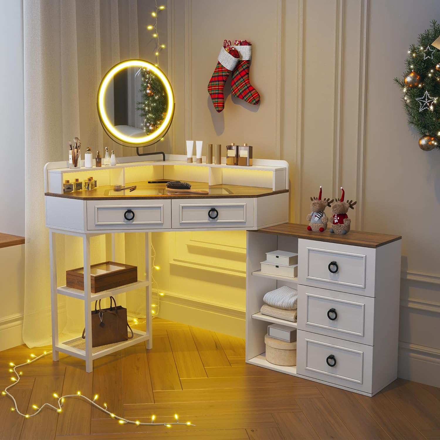 WOOVIVS Corner Vanity Desk with Lighted Rotating Mirror, Glass Top Makeup Table with 5 Drawers, Small Vanitys with Charging Station,Jewelry Organizers for Bedroom,White