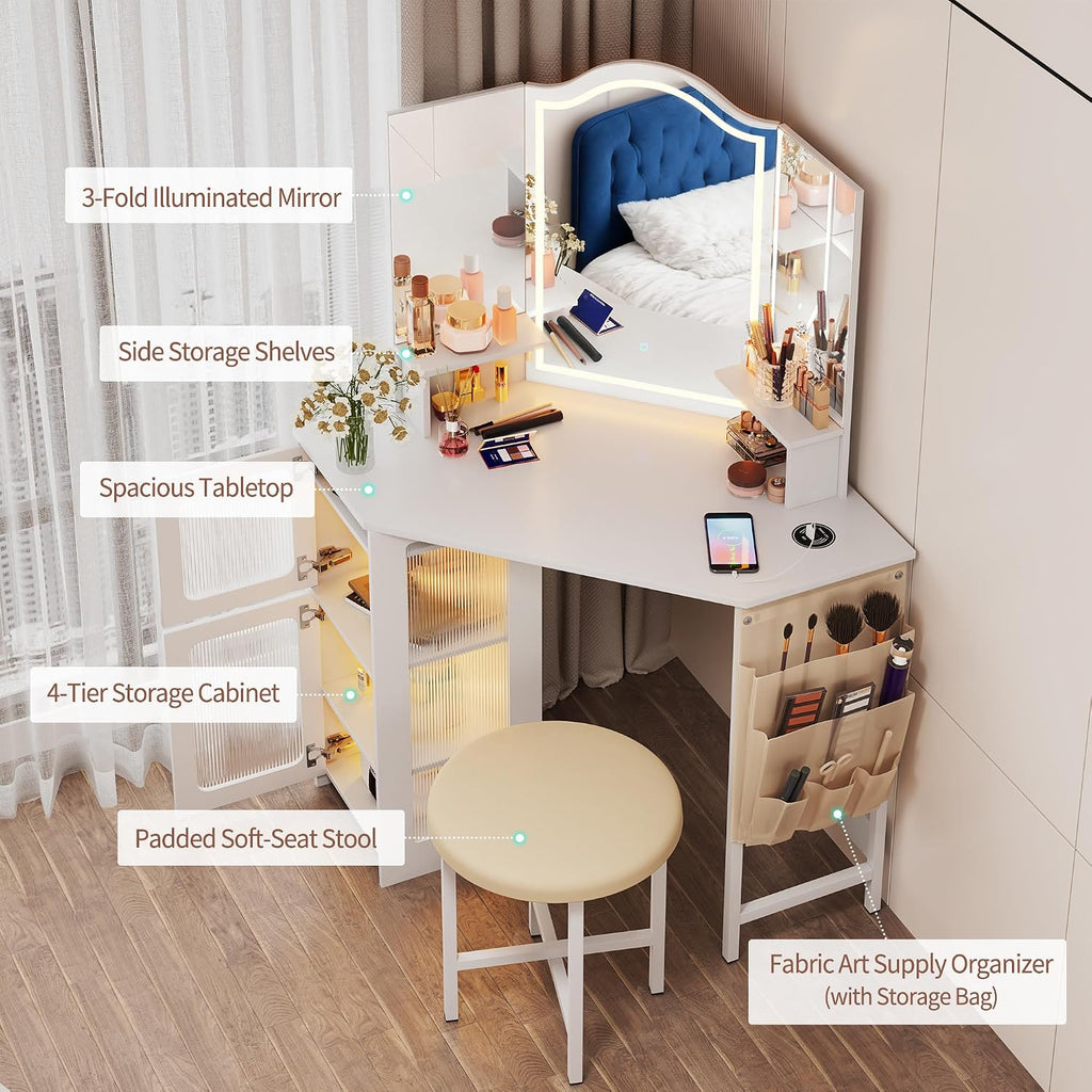 LVSOMT Corner Makeup Vanity Desk with Mirror and Lights, 44' Dressing Table with Charging Station, Makeup Table with Stool, Storage Cabinet and Adjustable Shelf, Bedroom Vanity for Girls Women, White