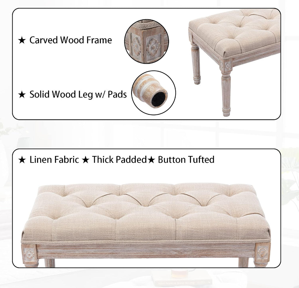 Upholstered Fabric Entryway Bench, Tufted Piano Bench for 2 People, Rubber Wood Legs with Beautiful Carved Pattern for Bedroom/Living Room/Dining Room (Beige)