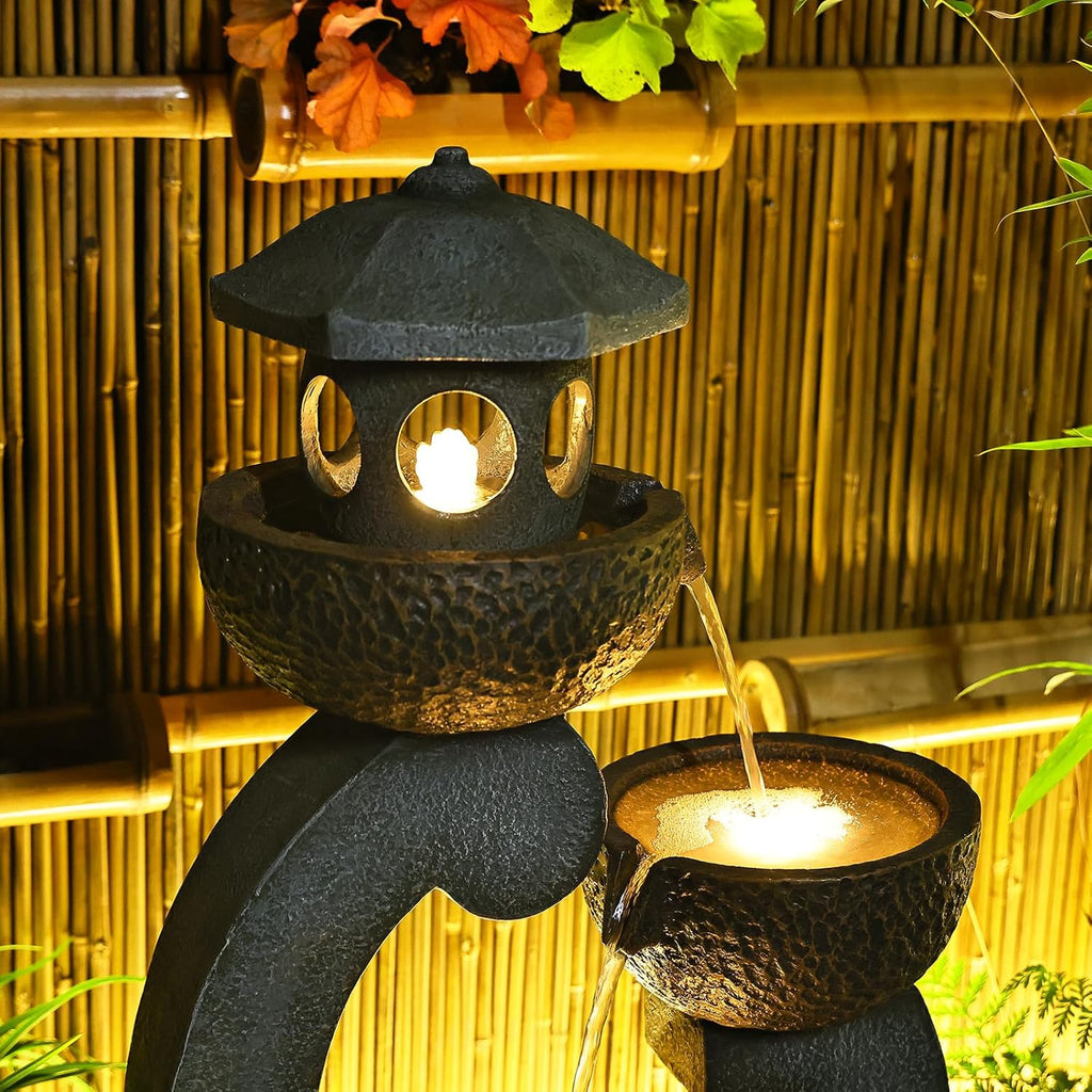 Bumilgar 35.24'H Zen Outdoor Water Fountain Garden, Japanese Lantern Multi-Tier Waterfall Fountain Water Feature with Lights for Patio, Garden & Porch