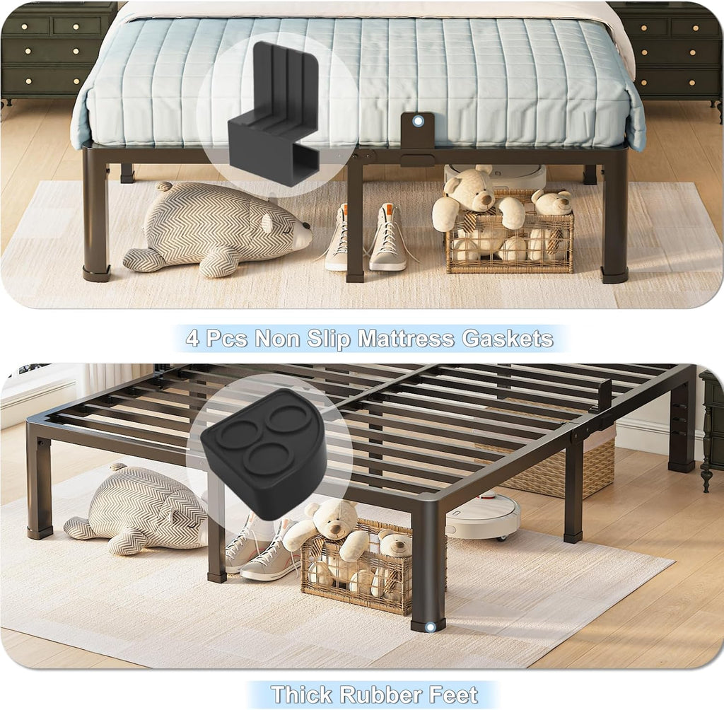 14 inch Queen Bed Frame with Round Corner Legs and Headboard Hole Mattress Slide Stopper 3500 lbs Heavy Duty Metal Platform,Steel Slats Support,No Box Spring Needed,Easy Assembly,Noise Free