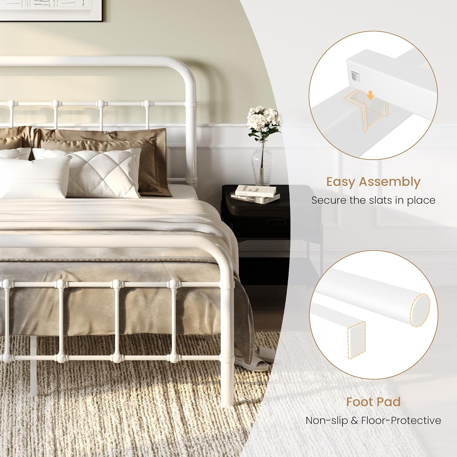SHA CERLIN Full Size Bed Frame Metal Platform Bed with Vintage Style Headboard and Footboard, Heavy Duty Mattress Foundation, No Box Spring Needed, Easy Assembly, White