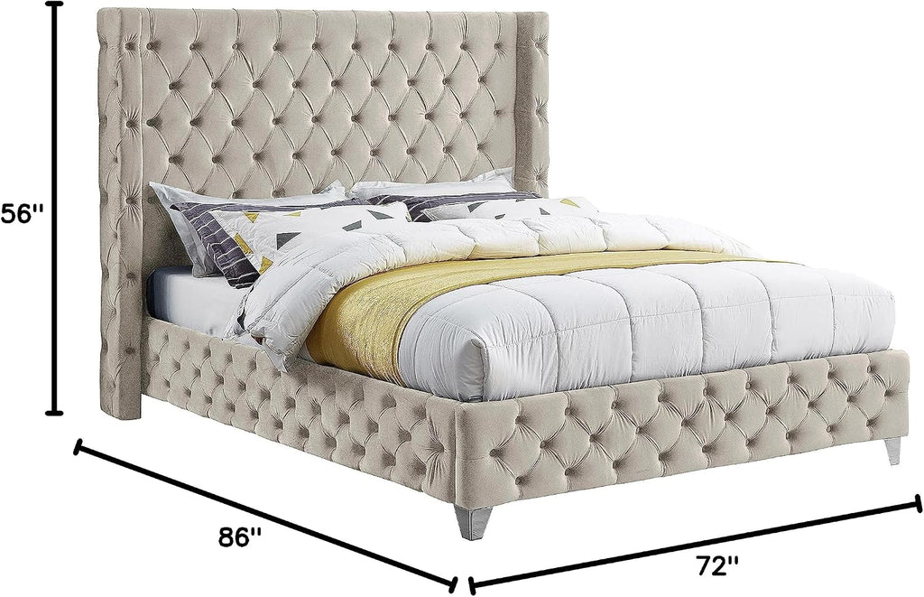 Meridian Furniture SavanCream-Q Savan Collection Modern | Contemporary Velvet Upholstered Bed with Deep Button Tufting in Gold or Chrome Finish, 72' W x 86' D x 56' H, Cream, Queen