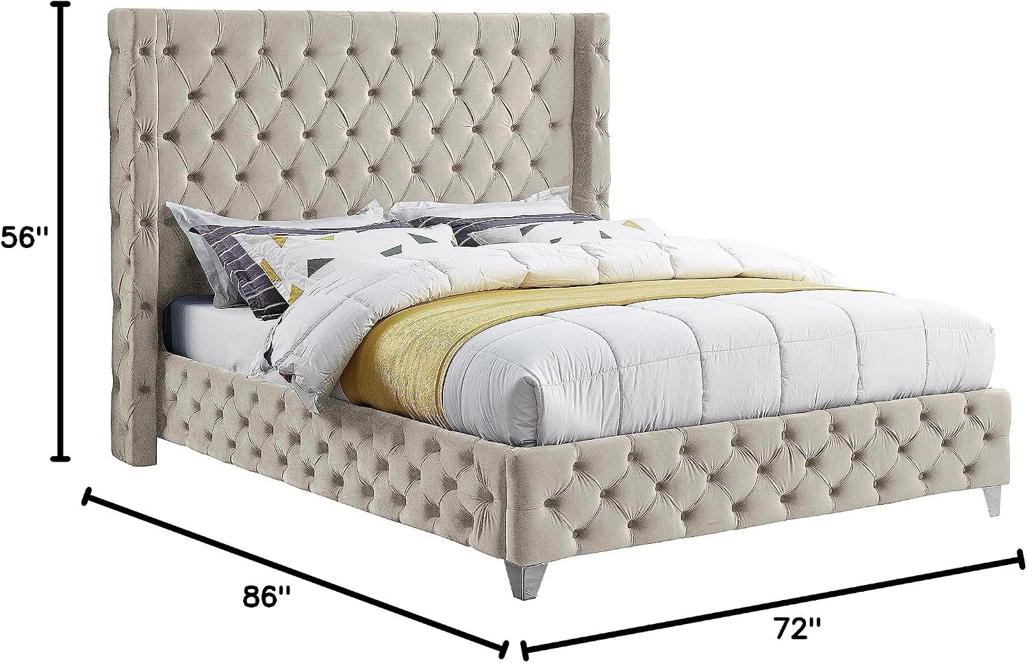 Meridian Furniture SavanCream-Q Savan Collection Modern | Contemporary Velvet Upholstered Bed with Deep Button Tufting in Gold or Chrome Finish, 72' W x 86' D x 56' H, Cream, Queen