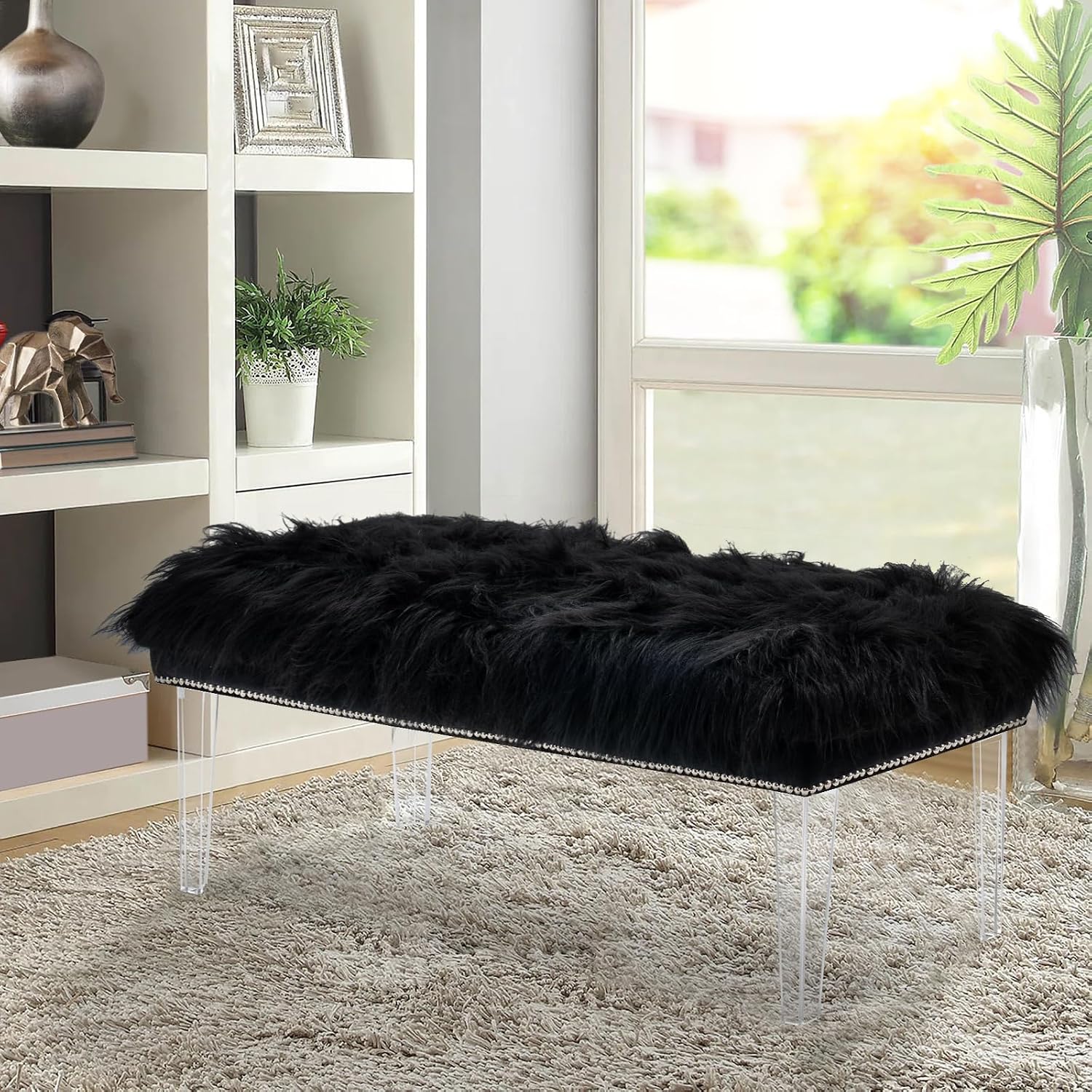 46 Inch Black Bedroom Bench, Benches for Bedroom White Faux Fur Upholstered Bed end Bench, Tufting Bench Indoor Bench with Acrylic Legs for Living Room Bedroom Dining Room Entryway