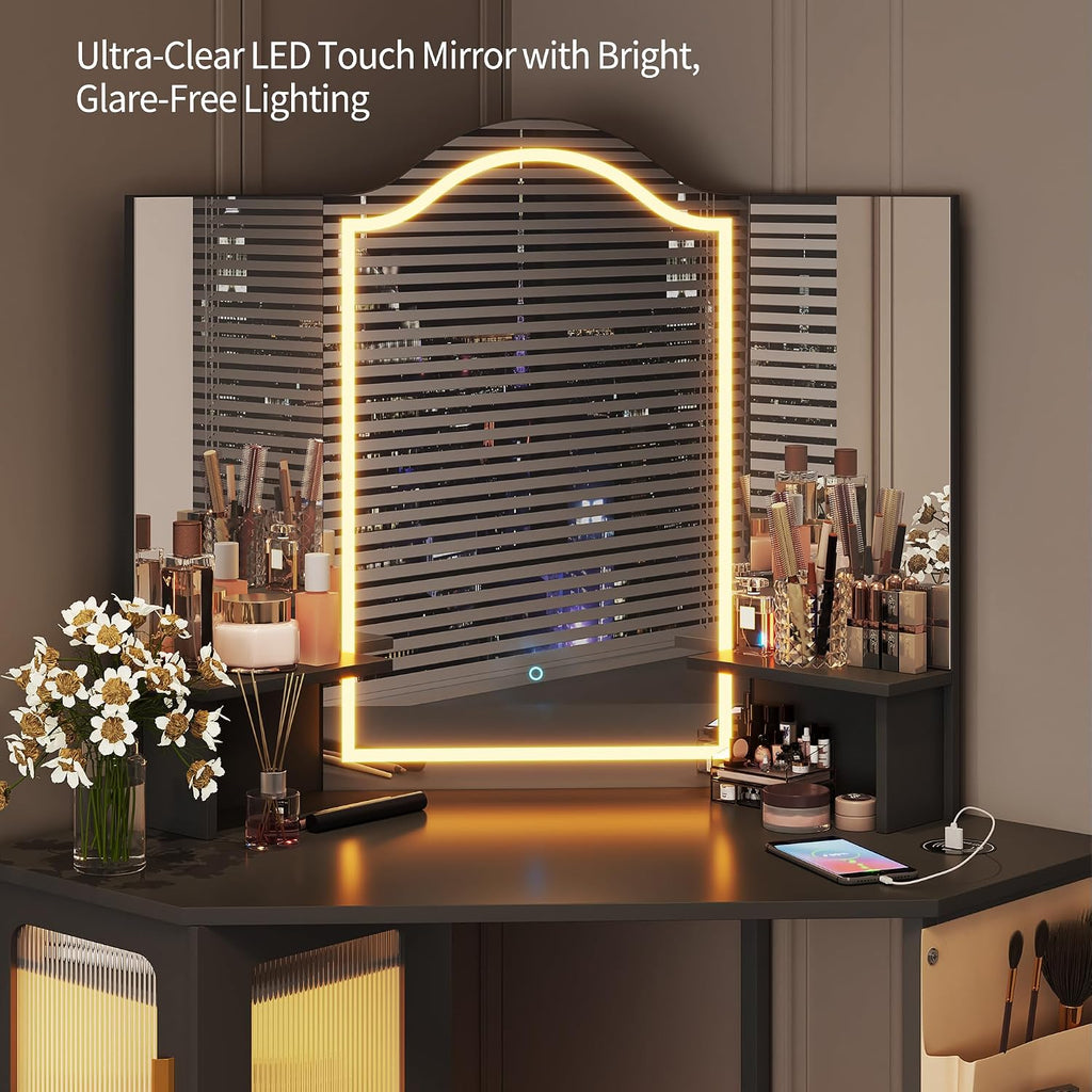 LVSOMT Corner Vanity Desk with Mirror and Lights, Makeup Vanity with Charging Station, Dressing Table with 3 Lighting Options, Vanity Set with Stool, Women's Vanity for Bedroom, Black