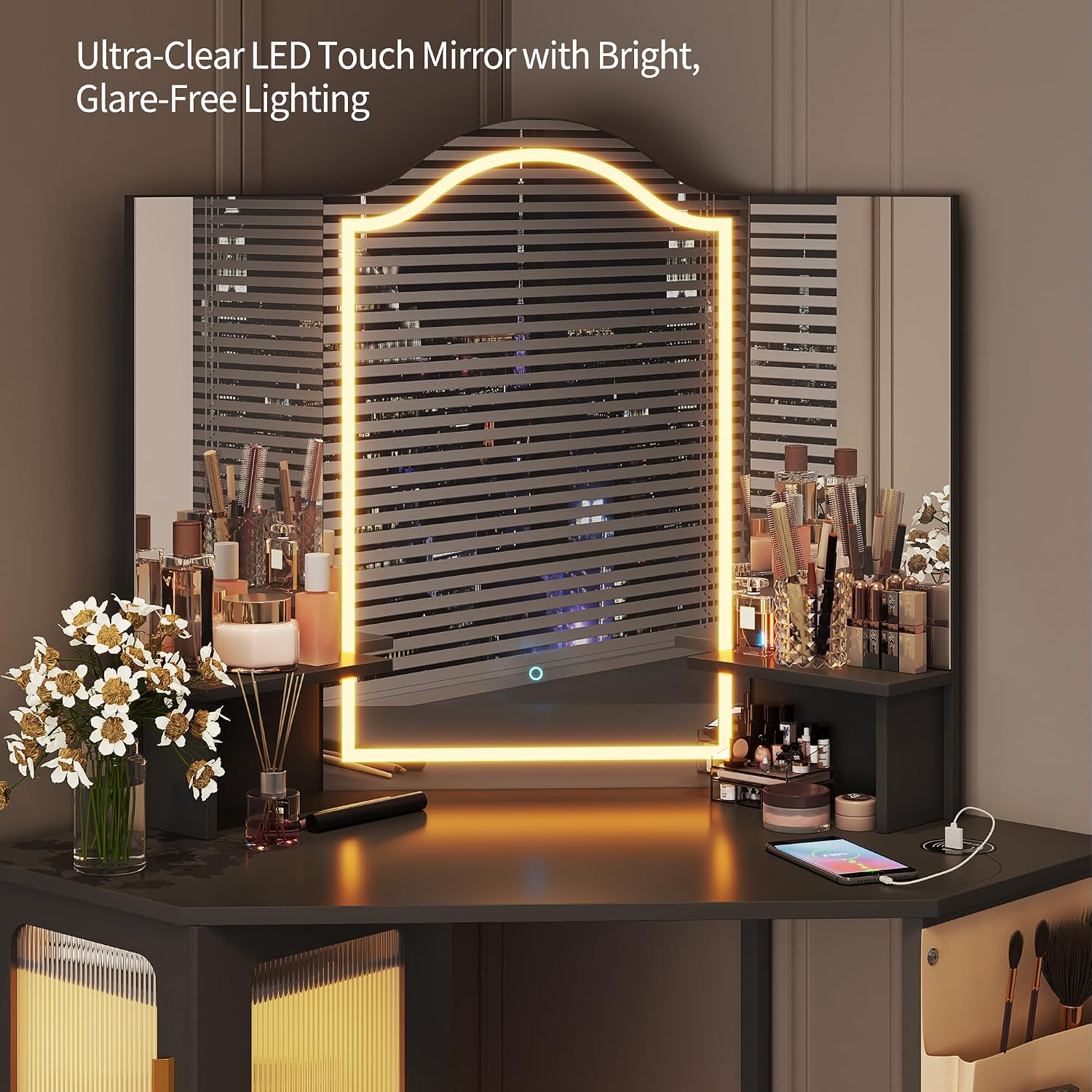 LVSOMT Corner Vanity Desk with Mirror and Lights, Makeup Vanity with Charging Station, Dressing Table with 3 Lighting Options, Vanity Set with Stool, Women's Vanity for Bedroom, Black