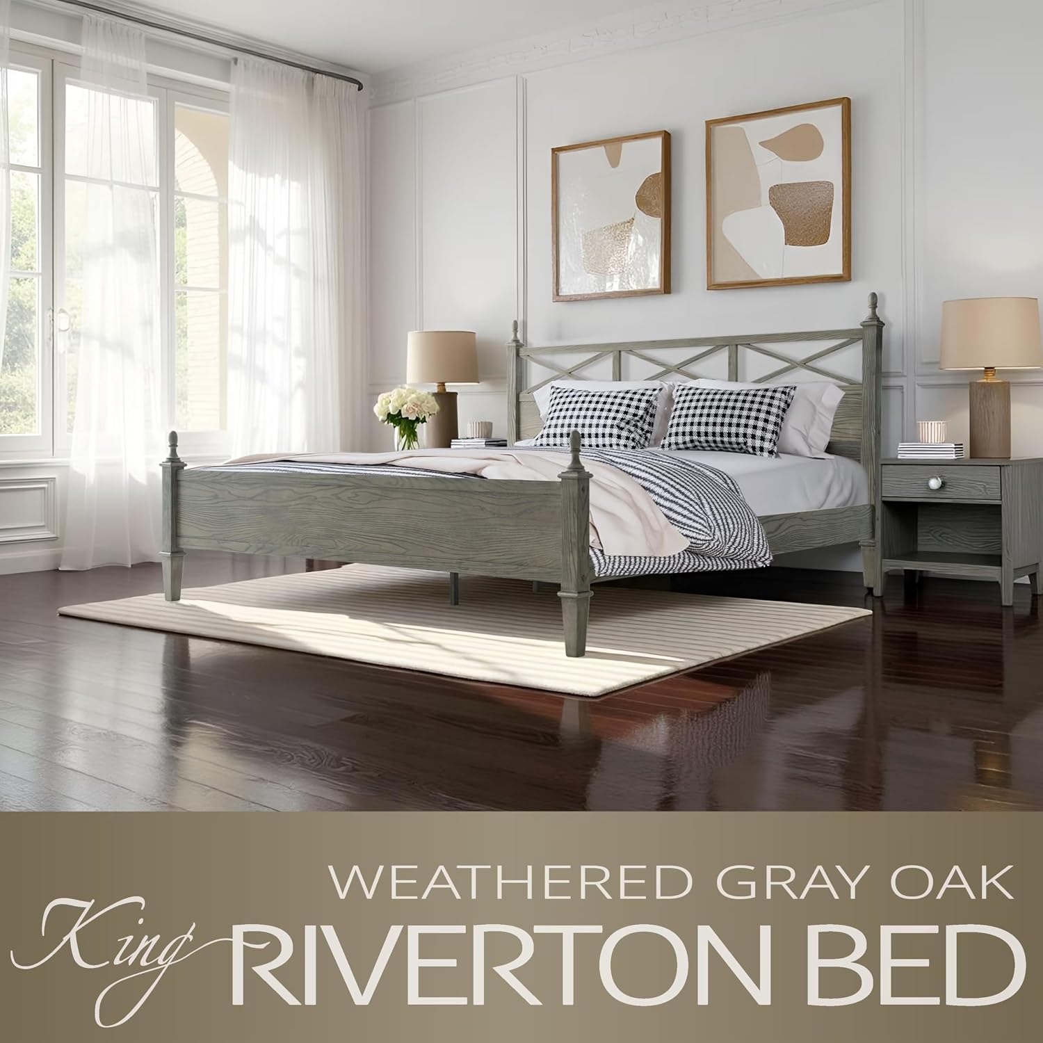 King Size Platform Bed Frame with Solid Wood Headboard & Footboard, 12 Heavy-Duty Slatted, Metal Legs, Anti-Slip & Noise-Free, Easy Assembly, No Box Spring Needed, Weathered Gray Oak Finish RIK-34