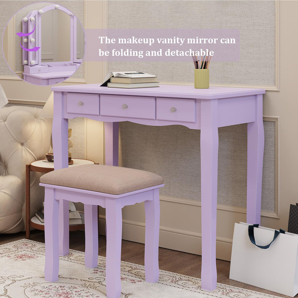 YIXHQ Purple Vanity Makeup Vanity Desk with Lights Vanity for Teen Girls Vanity Set for Teenager Vanity Table with Mirror for Bedroom Vanity Mirror with Lights Girls Desk and Chair