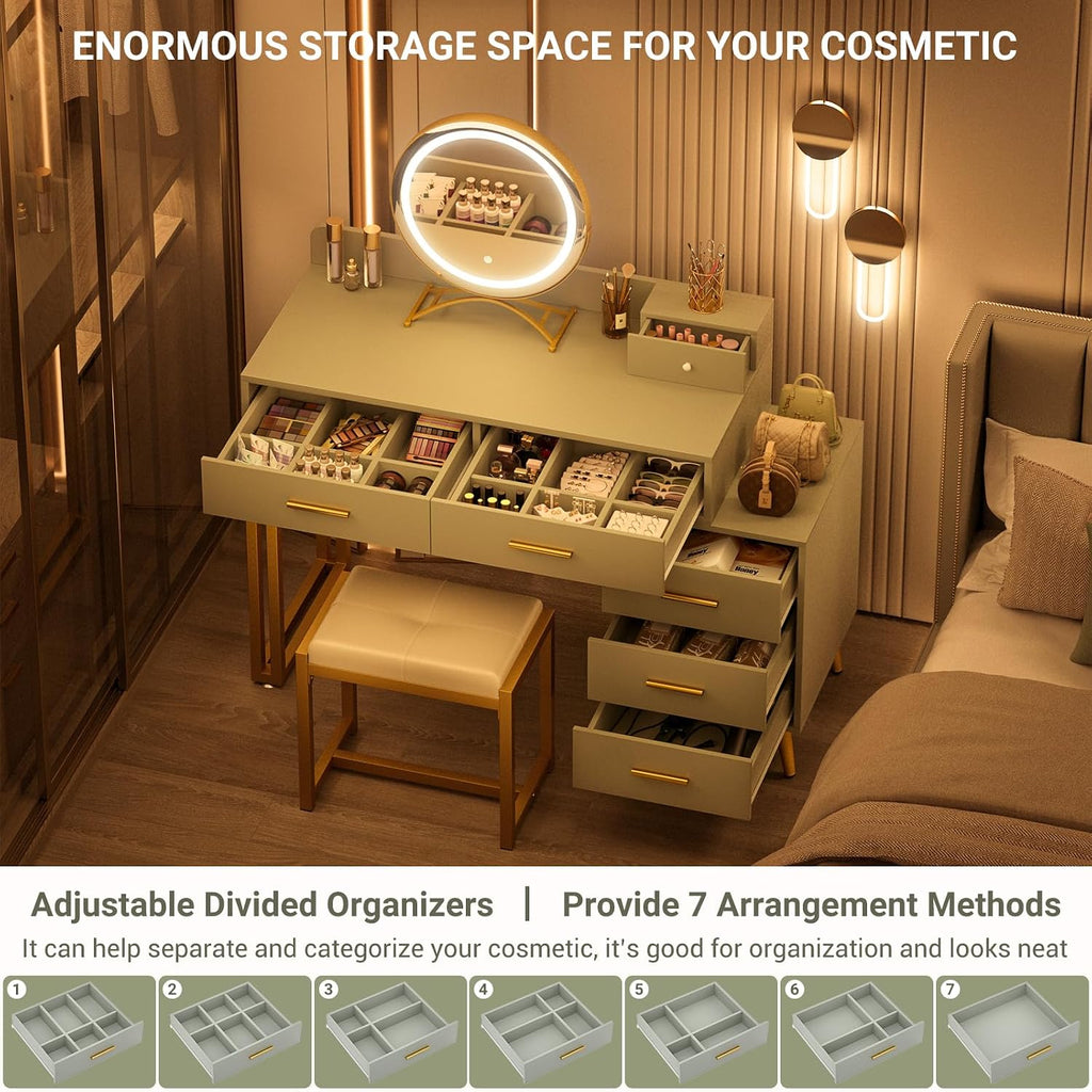 Armocity Vanity Desk with Mirror and Lights, Modern Makeup Vanity Table Set with 6 Storage Drawers and Cushioned Stool for Bedroom, Dressing Table with Divided Organizers for Women Girls, Cyan