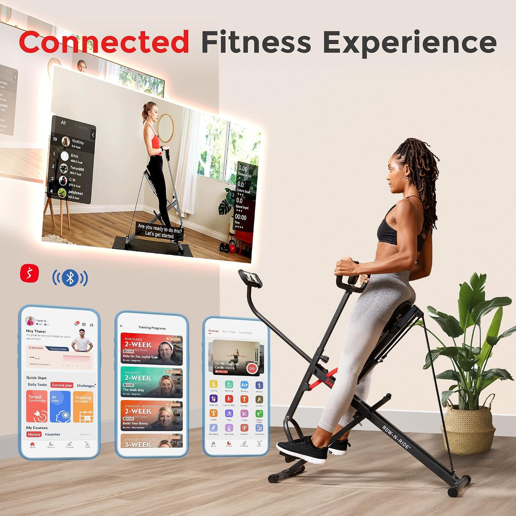 Sunny Health & Fitness Smart Upright Row-N-Ride Trainer w/Adjustable Resistance & 330LB Weight Capacity, Foldable Home Exercise Equipment for Arm, Glute & Leg Training, Free SunnyFit App Connection