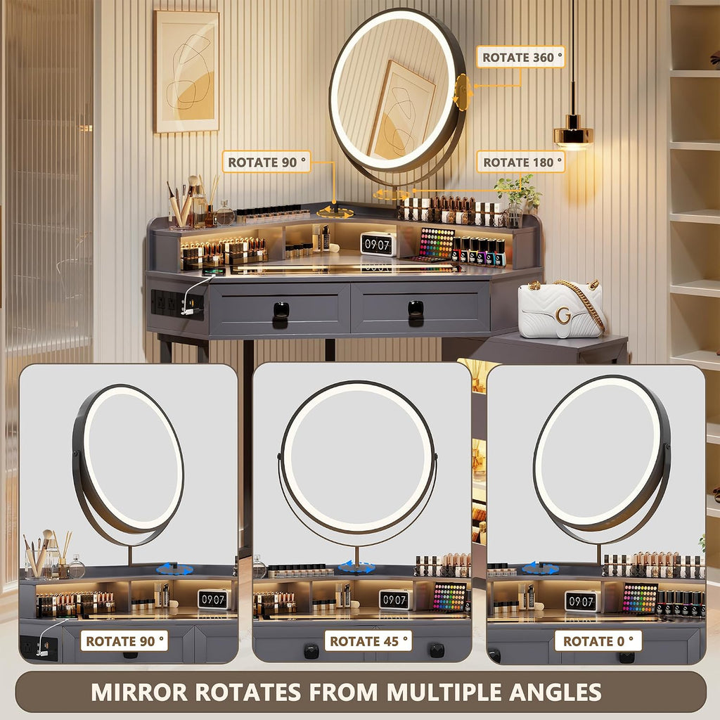 FREDEES Makeup Vanity with Mirror and Lights, Corner Vanity Table with Charging Station for Bedroom/Cloakroom, Glass Top Vanity Set with Drawers and Shelves, Grey