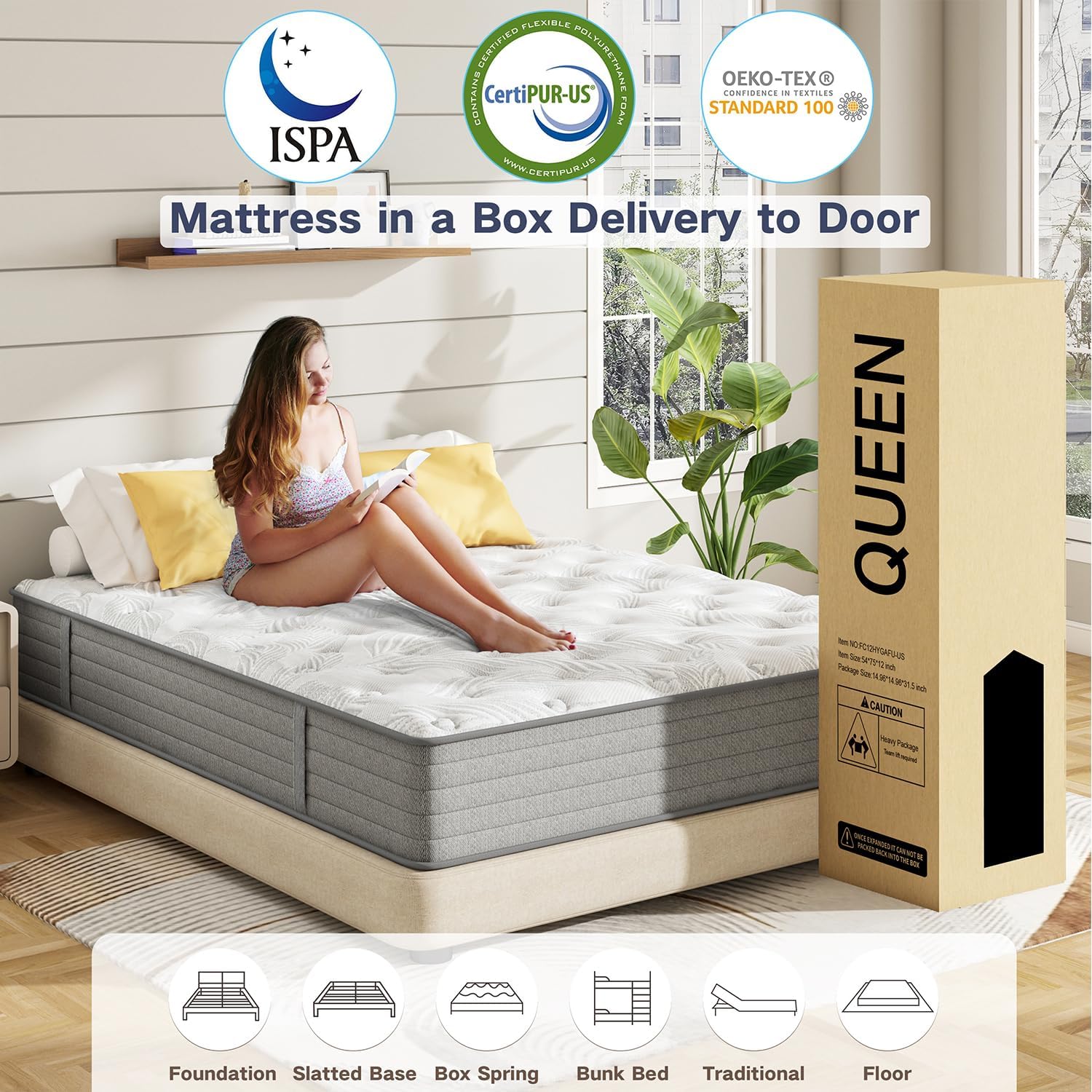 Queen Mattress,12 Inch Hybrid Queen Size Mattress in a Box with Gel Memory Foam,Individually Pocket Springs for Pressure Relief,Motion Isolation,Edge Support,Medium Firm,CertiPUR-US,60'*80'*12'