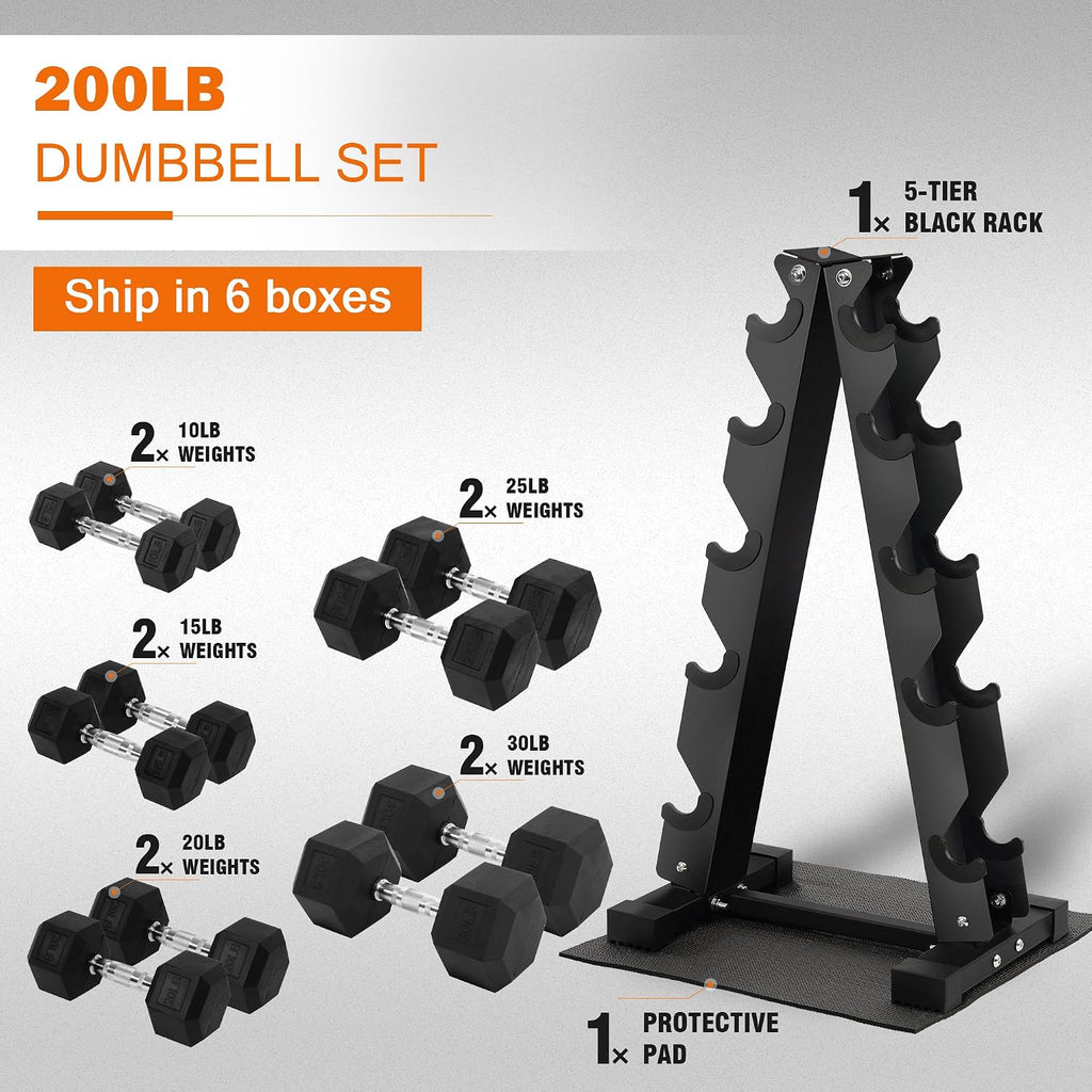 Fitvids Rubber Coated Hex Dumbbell Set with Storage Rack, 100/150/200/550 LB Hand Weight Set with Anti-Slip Grip for Home Gym