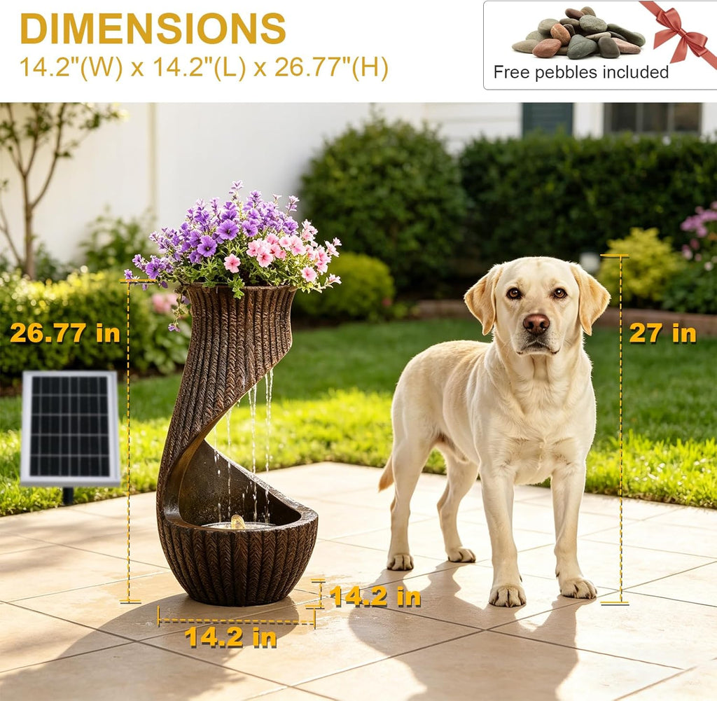 Solar Water Fountain Outdoor with LED Lights & Planter, 26.8' Modern S-Shaped Waterfall Fountain with Battery Backup, IP64 Weatherproof Resin Floor Fountain for Garden, Patio, Porch, and Home Decor