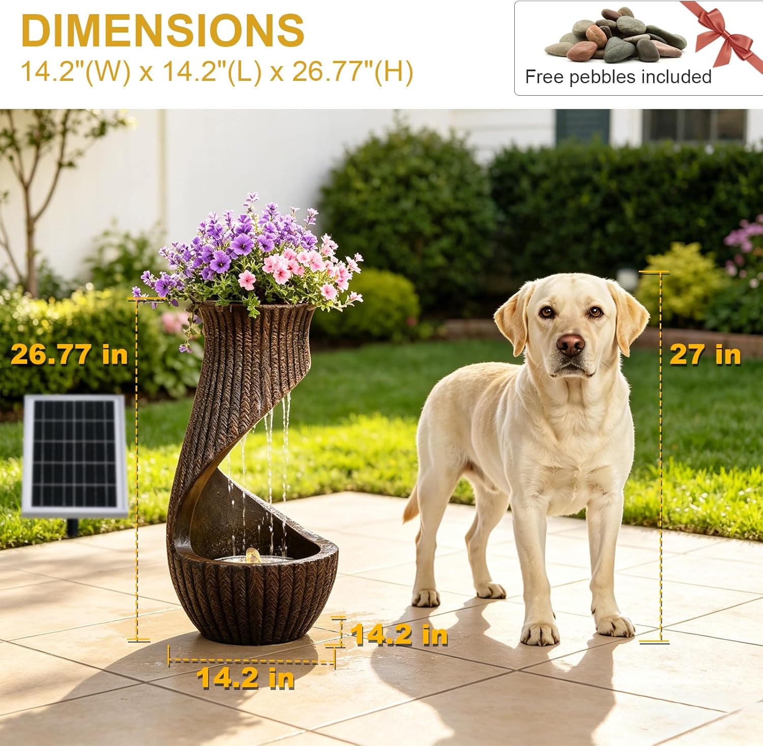 Solar Water Fountain Outdoor with LED Lights & Planter, 26.8' Modern S-Shaped Waterfall Fountain with Battery Backup, IP64 Weatherproof Resin Floor Fountain for Garden, Patio, Porch, and Home Decor