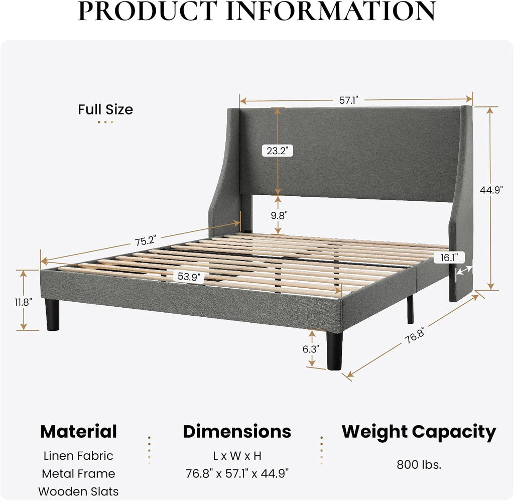SHA CERLIN Upholstered Bed Frame Full Size with Streamlined Wingback Headboard, Breathable Linen Fabric, Solid Wooden Slats, Easy Assembly, Light Grey