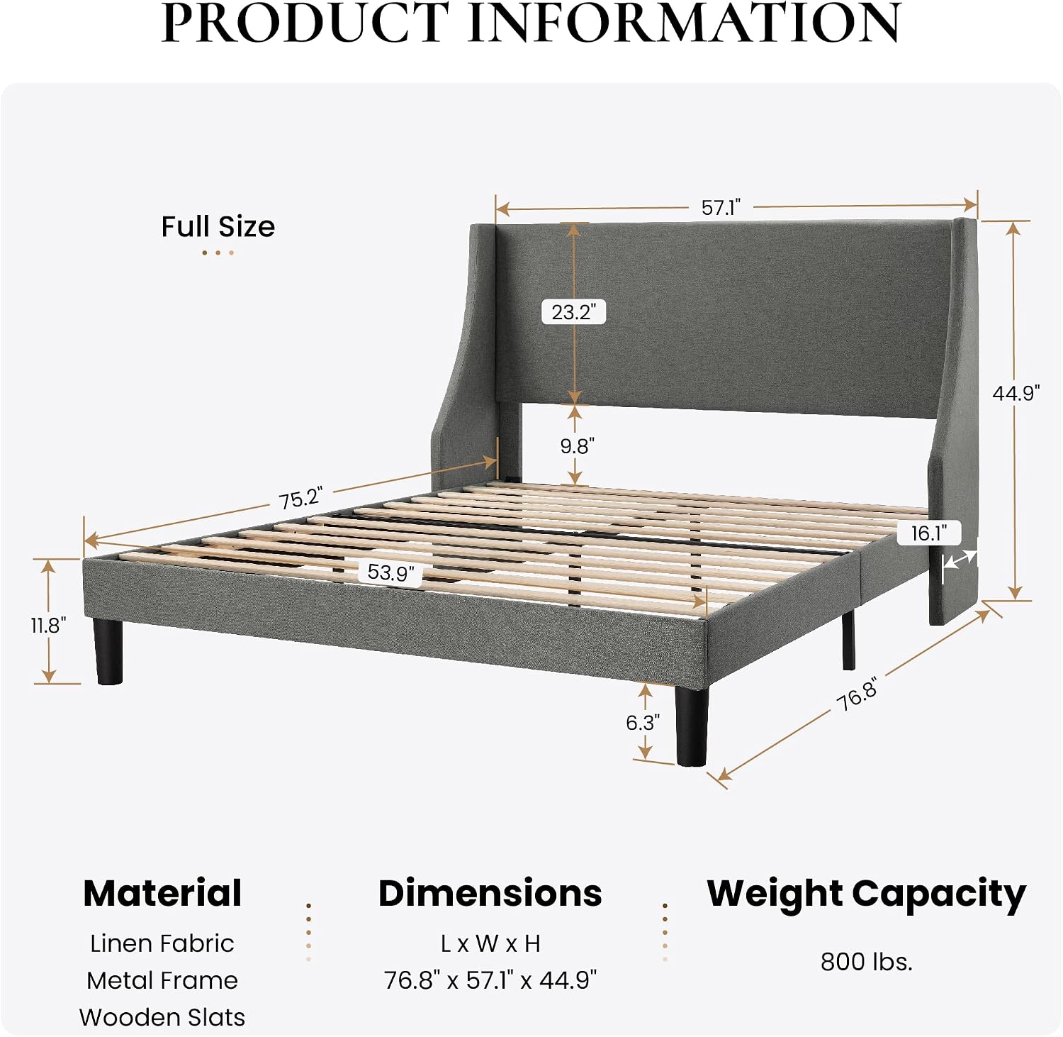 SHA CERLIN Upholstered Bed Frame Full Size with Streamlined Wingback Headboard, Breathable Linen Fabric, Solid Wooden Slats, Easy Assembly, Light Grey