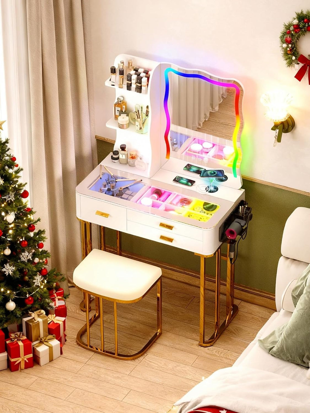 RGB Makeup Vanity Desk with Wireless Charging Station,7 Dynamic and 7 Static Dimmable Vanity Table with Visible Glass Top,Auto Sensor LED Make up Vanity with Mirror and Lights,Stool