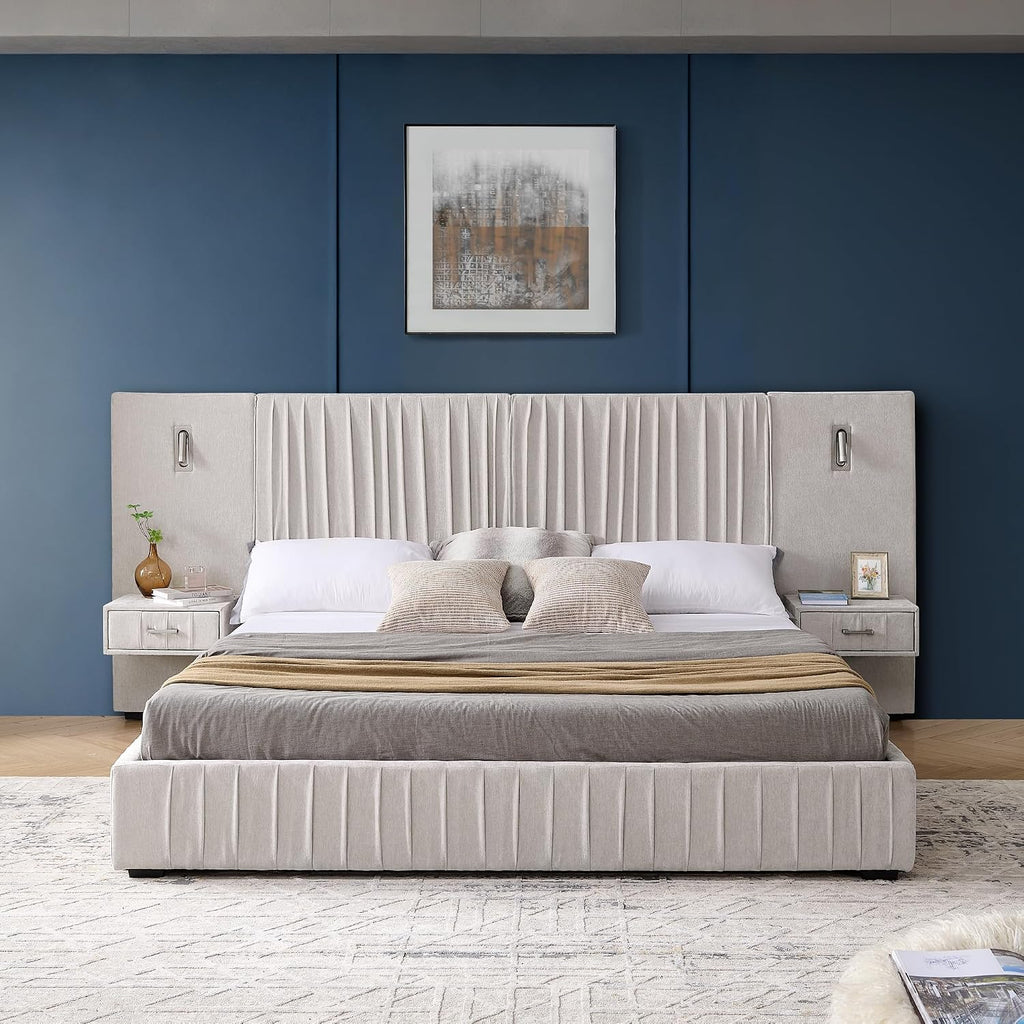 King Size Upholstered Platform Bed Frame with Headboard & Built-in Nightstand, Luxury Bed Frame for Modern Bedroom Sets, No Box Spring Needed, Stable & Adjustable Lighting(Beige)
