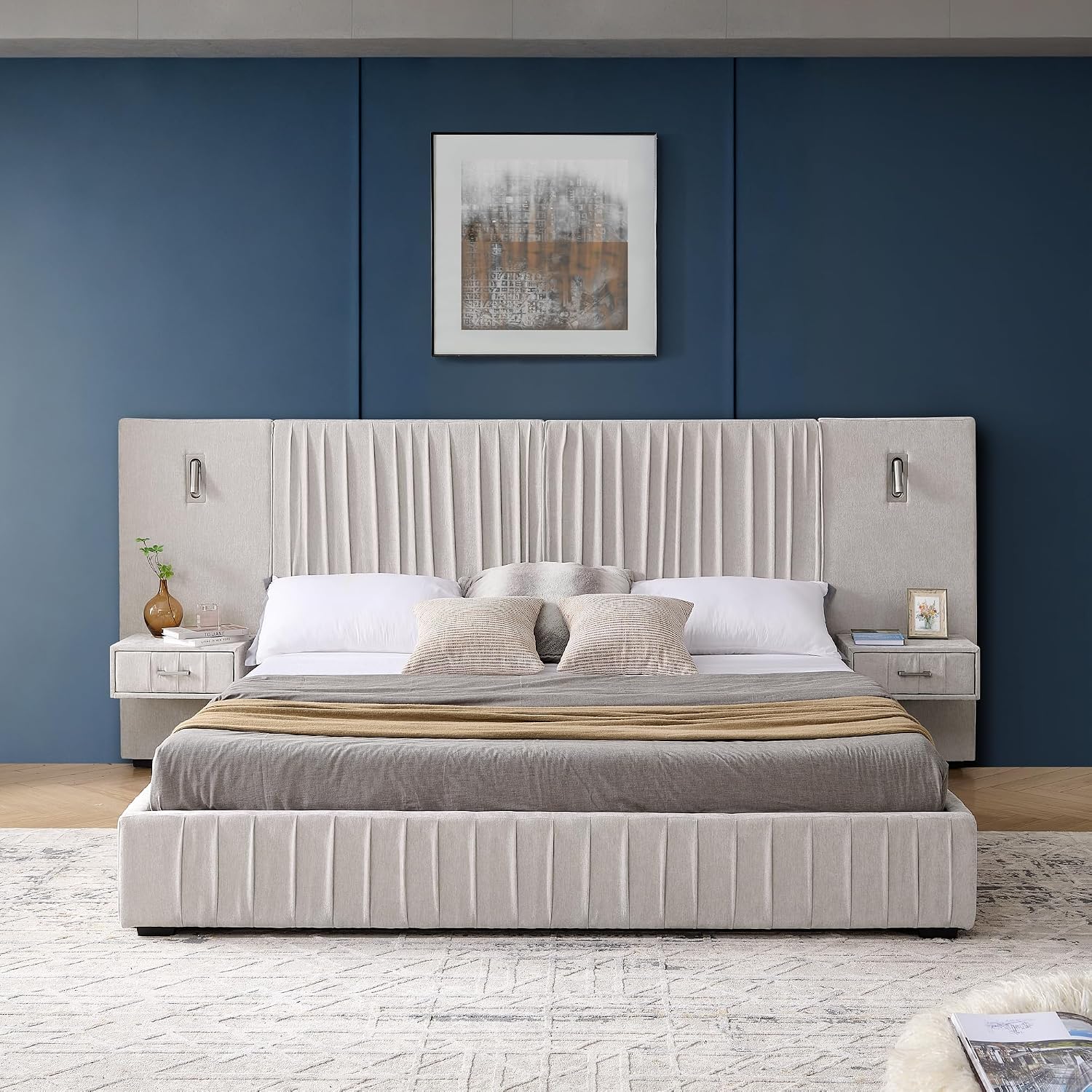 King Size Upholstered Platform Bed Frame with Headboard & Built-in Nightstand, Luxury Bed Frame for Modern Bedroom Sets, No Box Spring Needed, Stable & Adjustable Lighting(Beige)