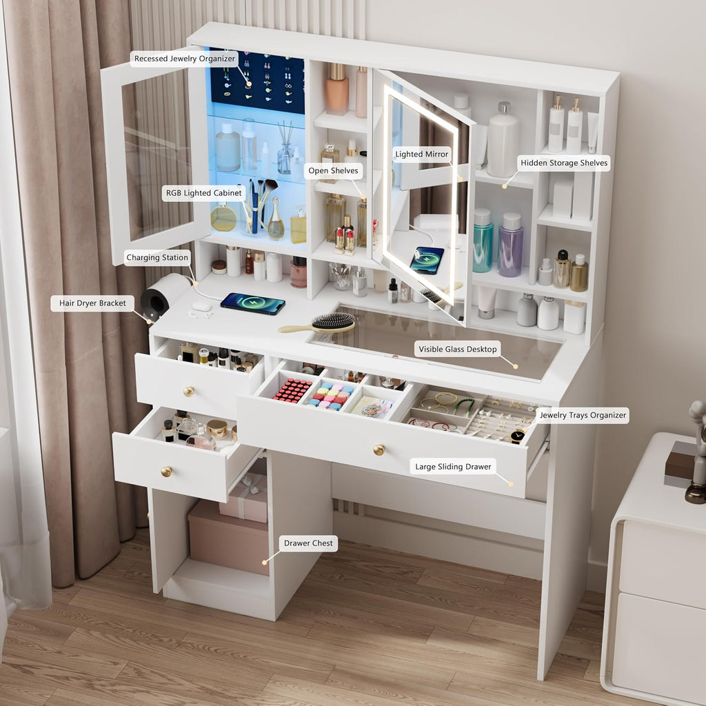 Wodeer Makeup Vanity Desk with Mirror and Lights, White Vanity with Glass Top, Jewelry Storage, Power Outlets, 3 Drawers & 2 Cabinets, Adjustable LED Lighting, Dressing Table for Women & Girls Bedroom